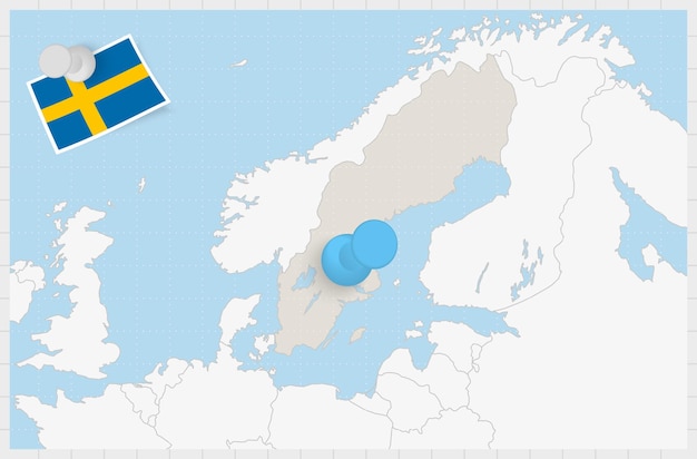 벡터 파란색 핀이 고정된 스웨덴 지도 스웨덴의 고정된 국기