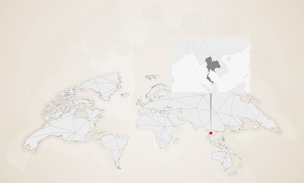 世界地図にピン留めされた近隣諸国とタイの地図