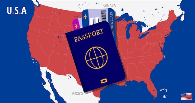 パスポートと2枚のチケットが付いているアメリカの地図