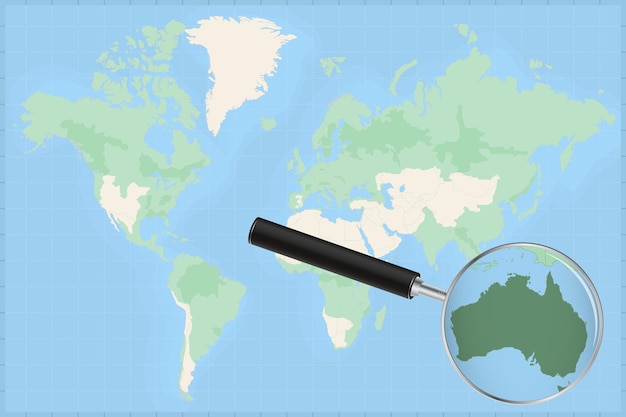 Карта мира с увеличительным стеклом на карте австралии.