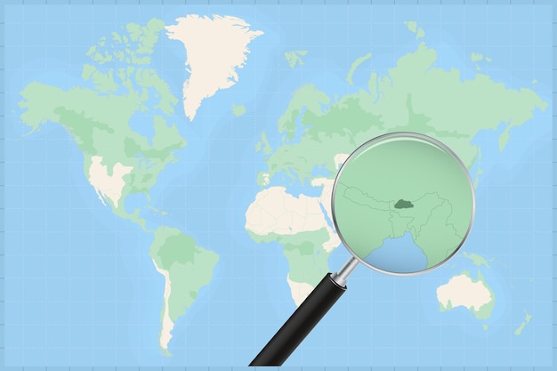 ブータンの地図上の虫眼鏡で世界地図。