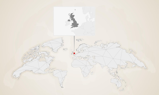 Карта соединенного королевства с соседними странами, закрепленная на карте мира