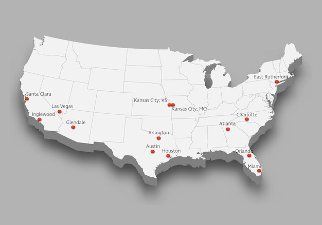 벡터 2024년 축구 대회 개최 도시를 표시한 미국 지도