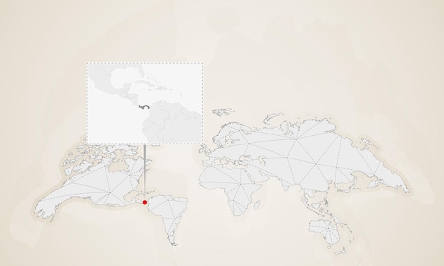 世界地図にピン留めされた近隣諸国とパナマの地図