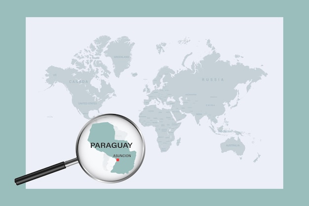 Map of Paraguay on political world map with magnifying glass