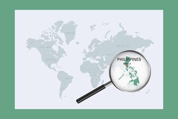 Map of philippines on political world map with magnifying glass