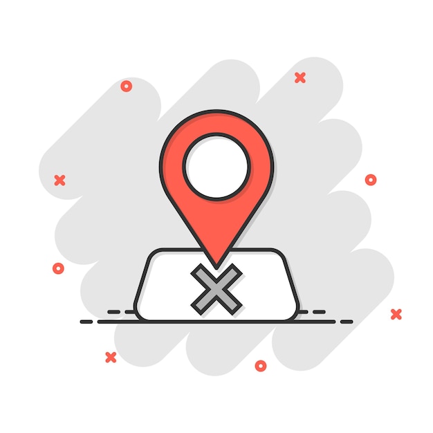 Map pin icon in comic style GPS navigation cartoon vector illustration on white isolated background Locate position splash effect business concept