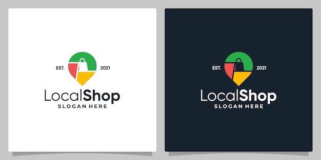 Map pin location symbol with logo a shopping bag and business card design.