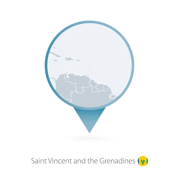 Map pin with detailed map of Saint Vincent and the Grenadines and neighboring countries