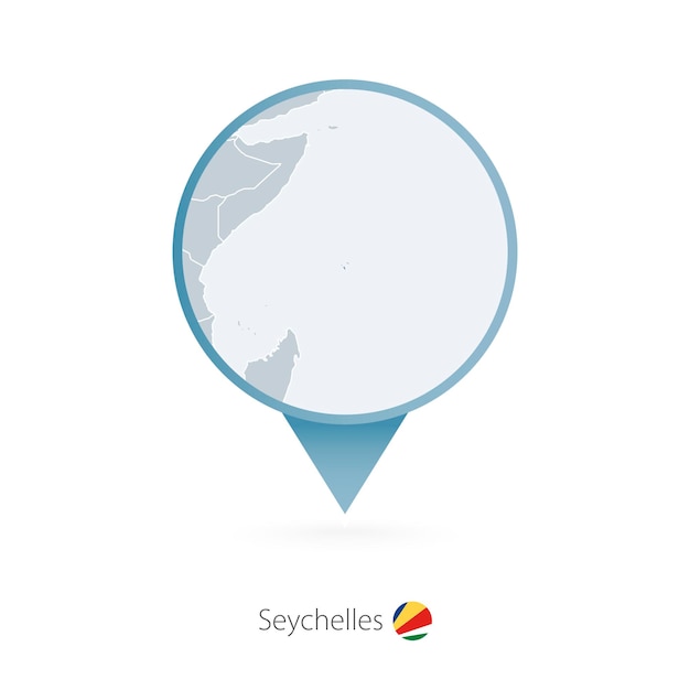 Map pin with detailed map of Seychelles and neighboring countries