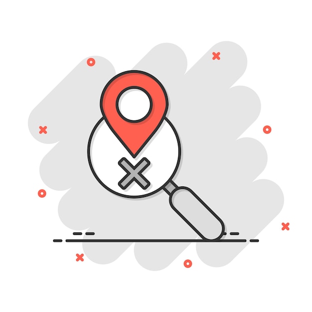 Map pin with magnifier icon in comic style Gps navigation cartoon vector illustration on white isolated background Locate position splash effect business concept