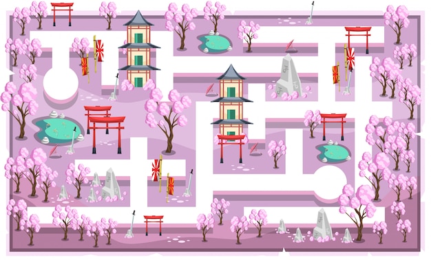 Vettore programma il tema giapponese rosa di sakura con il percorso e la casa, lo stagno di pesce e l'ornamento di stile giapponese per l'illustrazione del platform di gioco 2d