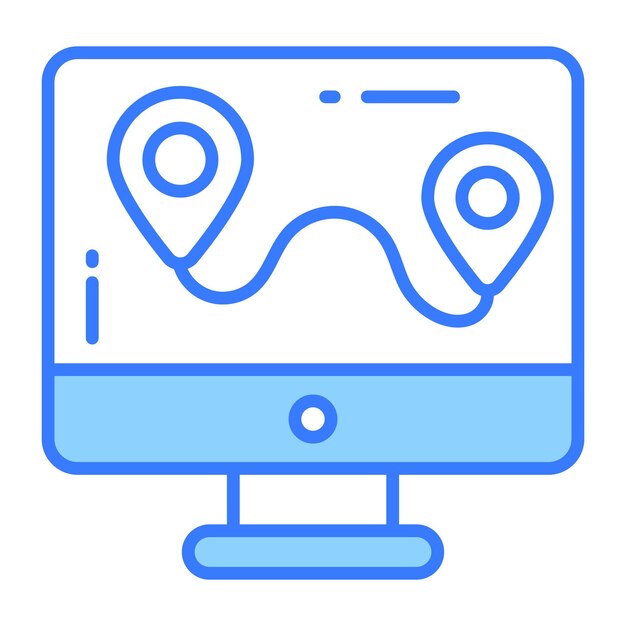 Map pins inside monitor vector design of online location in trendy style