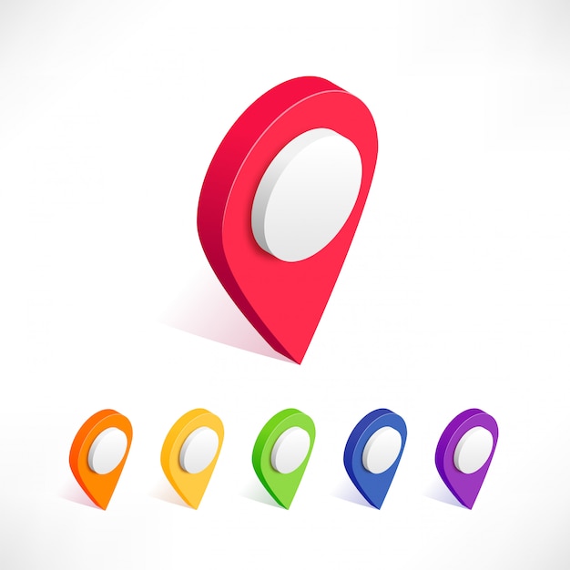 Map pointer 3d pin isometric icon set. Different colors location symbol isolated on white background. Web location point, flat map geotag sign illustration. Can use for web, apps, infographics