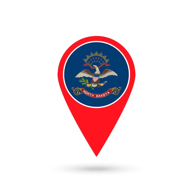ノースダコタ州の旗を持つマップ ポインターのベクトル図