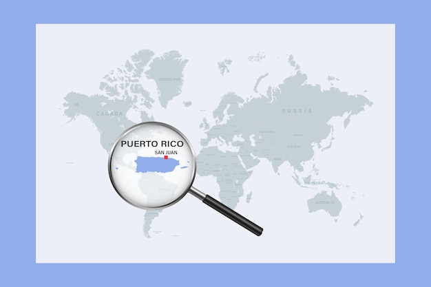 Map of Puerto Rico on political world map with magnifying glass