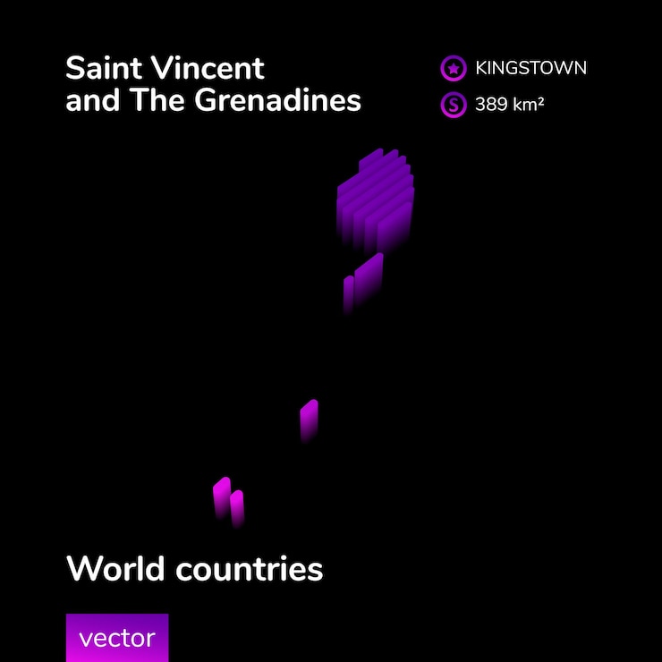 Vector map of saint vincent and grenadines stylized striped isometric neon vector 3d map is in violet colors on black background