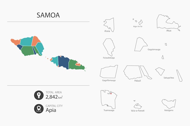 Map of Samoa with detailed country map Map elements of cities total areas and capital