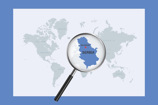 Map of Serbia on political world map with magnifying glass