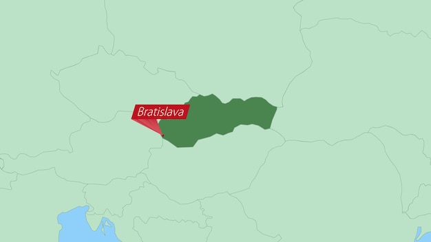 国の首都のピンを持つスロバキアの地図