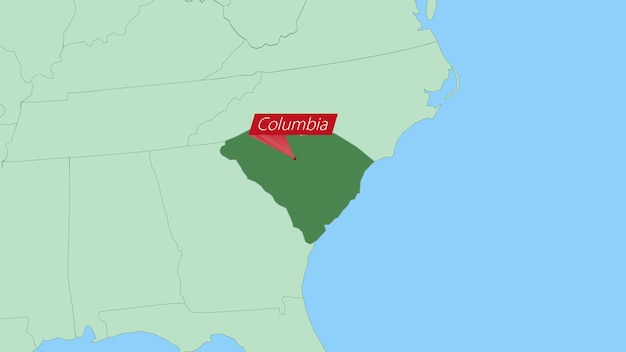 Map of South Carolina with pin of country capital