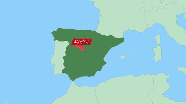 国の首都のピンを持つスペインの地図