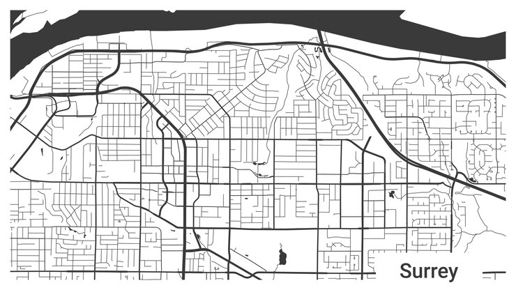 Vector map of surrey city british columbia canada horizontal background map poster black and white