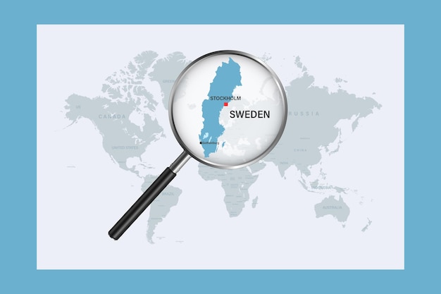 Map of Sweden on political world map with magnifying glass
