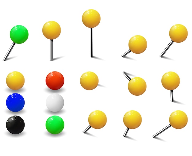 Vettore puntine della mappa perni rotondi e perni di spinta della mappa in plastica dettagliata raccolta di scorci diversi realistici dell'illustrazione vettoriale del perno affilato per l'ufficio