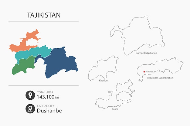 Map of Tajikistan with detailed country map Map elements of cities total areas and capital