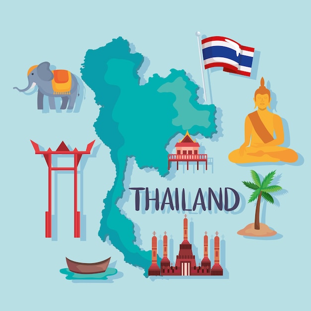 Vettore mappa e icone della thailandia