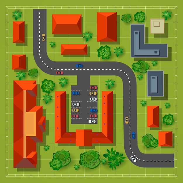 Vector map of a top view from the rooftops, city streets, trees and highways