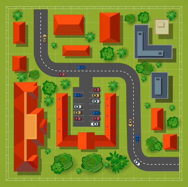 Vector map of a top view from the rooftops, city streets