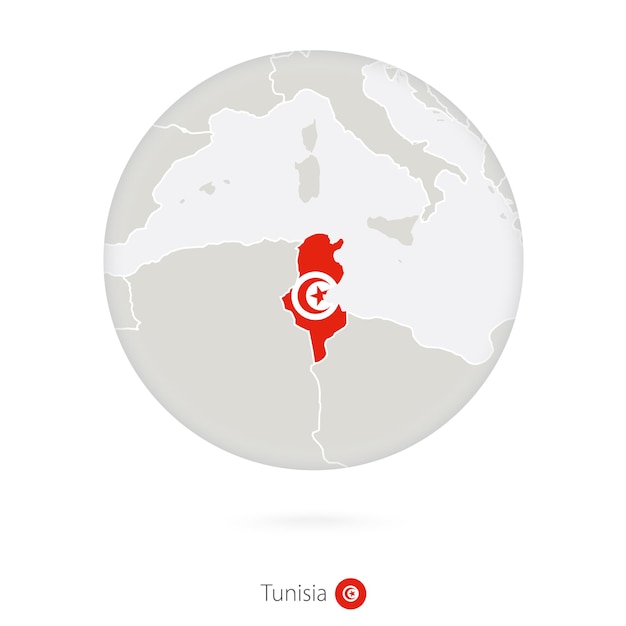 Map of Tunisia and national flag in a circle Tunisia map contour with flag Vector Illustration