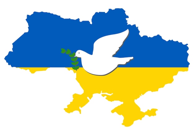 La mappa dell'ucraina è colorata con i colori della bandiera nazionale dello stato e una colomba che sorvola il paese con un ramo d'ulivo della pace stop al concetto di vettore di guerra mondiale pace al popolo ucraino