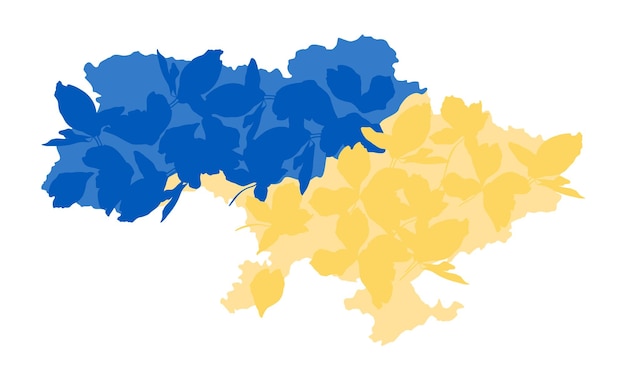 Map of Ukraine, yellow and blue color of the flag of Ukraine, decorated with flowers and plants.