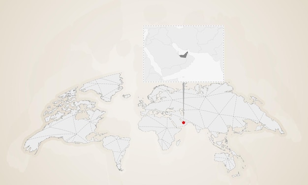 世界地図にピン留めされた近隣諸国とアラブ首長国連邦の地図