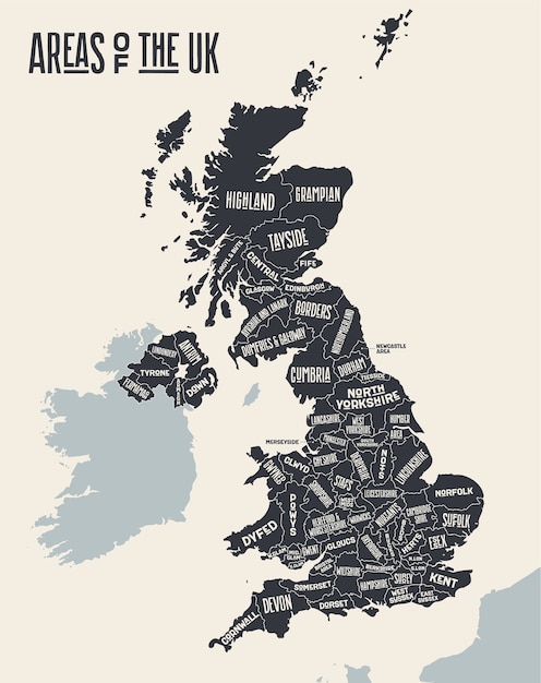 Map United Kingdom. Poster map of areas of the United Kingdom. Black and white print map of United Kingdom. Hand-drawn graphic map with areas.