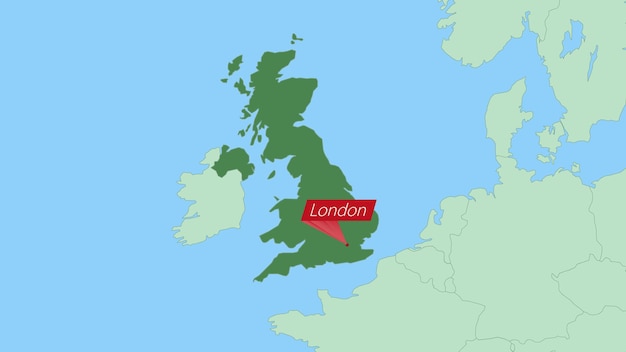 Vector map of united kingdom with pin of country capital