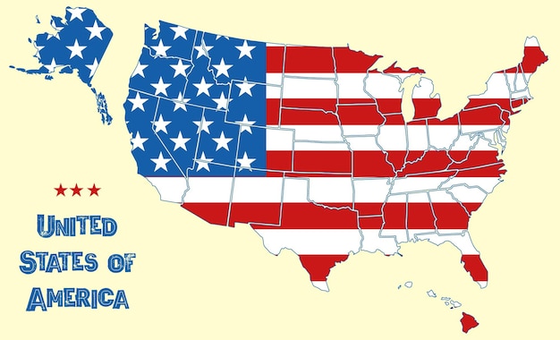 Vector map of the united states of america. flag of usa throughout territory with borders of all states, white stars and red stripes on national territory, american geography wallpaper vector background