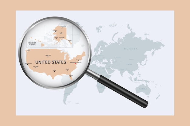 虫眼鏡で政治世界地図上のアメリカ合衆国の地図