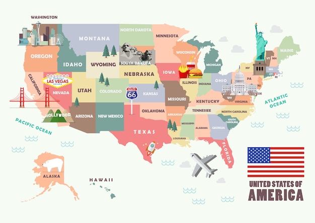 Mappa degli stati uniti d'america con famose attrazioni