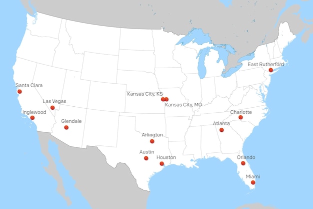 Vector map of united states with soccer tournament 2024 host cities