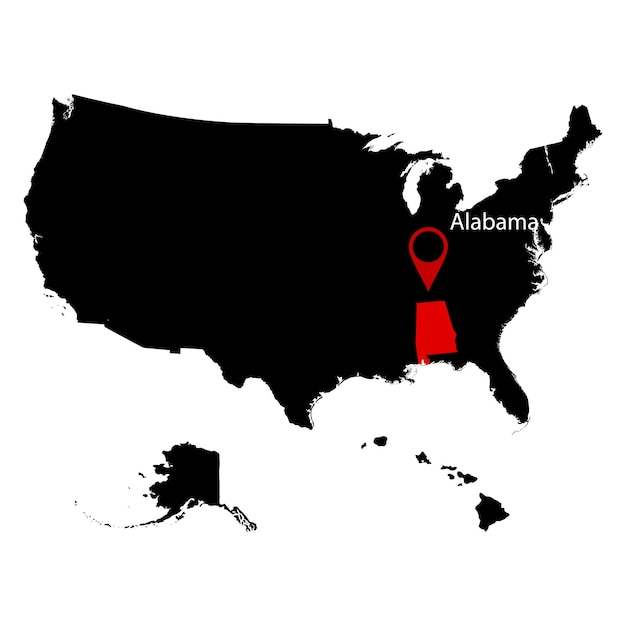 Mappa dello stato americano dell'alabama su sfondo bianco