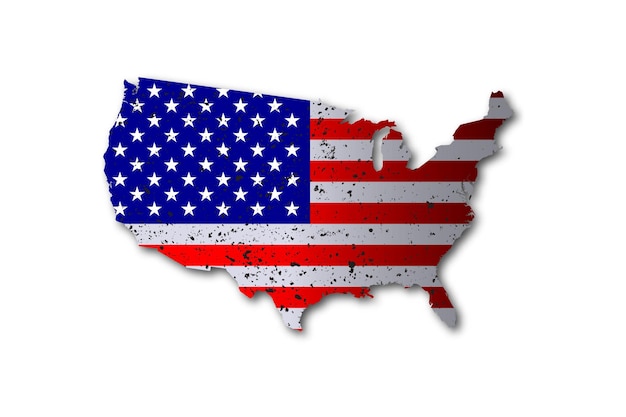 Map of the USA with the national flag of United States of America Grunge texture and shadow