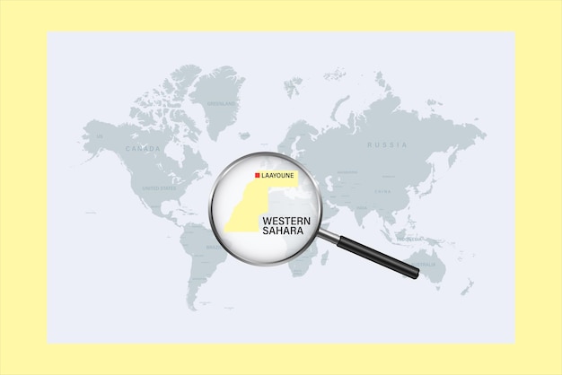 Mappa del sahara occidentale sulla mappa del mondo politico con lente d'ingrandimento