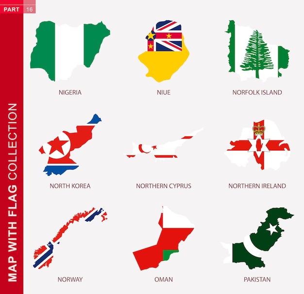 ベクトル 旗のコレクションのある地図、ナイジェリア、ニウエ、ノーフォーク島、北朝鮮、北キプロス、北アイルランド、ノルウェー、オマーン、パキスタンの旗のある9つの地図の輪郭