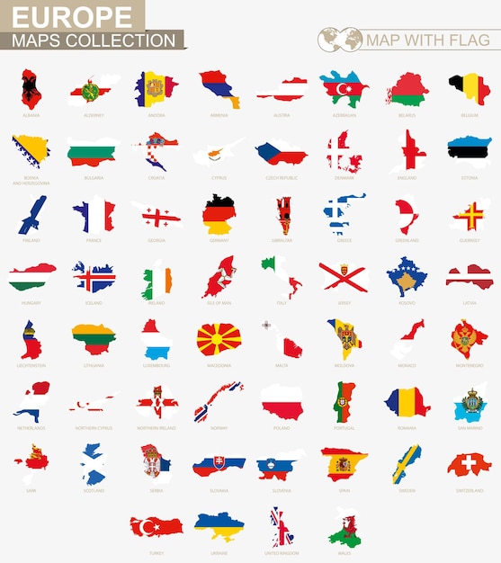 Map with flag european countries collection.