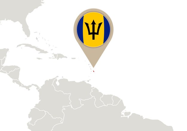 Map with highlighted barbados map and flag