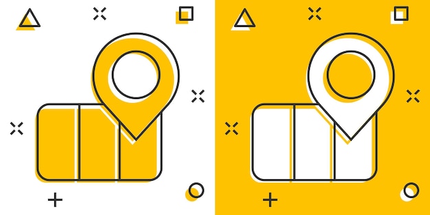 Map with magnifier icon in comic style Gps navigation cartoon vector illustration on white isolated background Locate position splash effect business concept